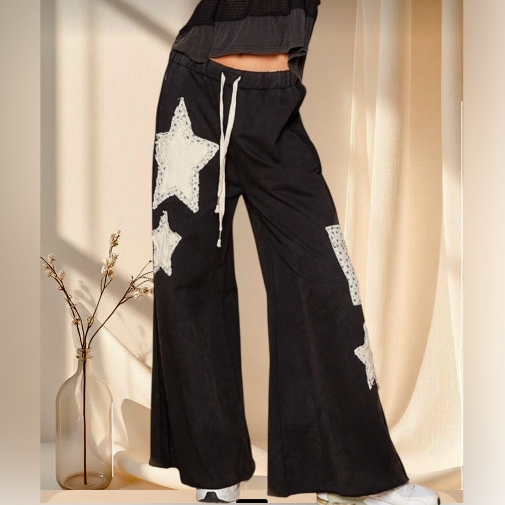 POL POL Black Star Patch Pants | Bohemian Vintage Washed French Terry - Picture 11 of 11
